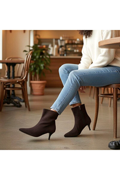 NE&VE SHOES Kahve Süet Sivri Burun Kadın Klasik Bot