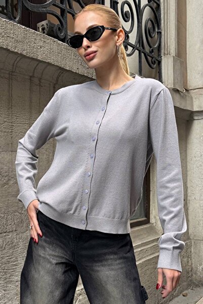 VAGGON Women's Gray Crew Neck Buttoned Knitwear Cardigan Vs01640