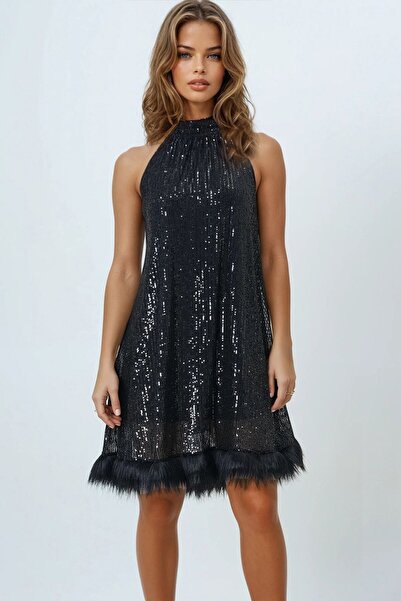 VAGGON Women's Black Halter Neck Sequin Skirt Fur Lined Mini Dress Vs01642