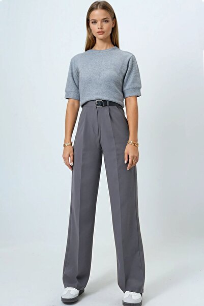 VAGGON Women's Gray Belted Button Closure Double Pocket Palazzo Pants Vs01458