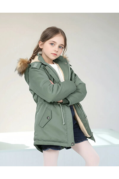 Wild Flower Hooded Long Girl's Winter Coat with Fleece Inside
