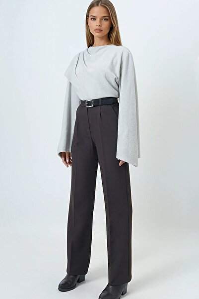 VAGGON Women's Brown Belted Button Closure Double Pocket Palazzo Pants Vs01458