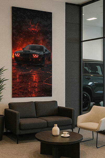 BLT DİZAYN Pictură pe sticlă cu mașină cu mușchi cu ochi roșii în atmosferă întunecată