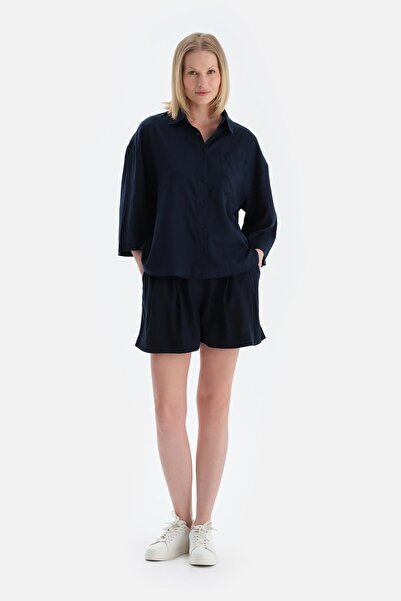 Dagi Navy Blue Long Sleeve Linen Lyocell Blend Woven Shirt