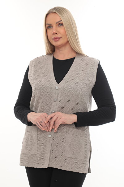 İKSUN Women's Knitwear Pocketed Winter Thick Patterned Mother's Vest