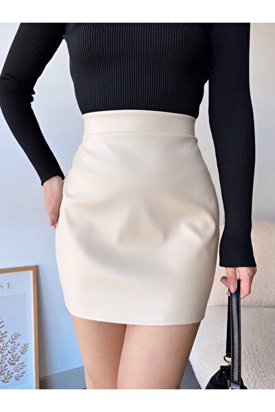 ZENGEZUR MALL Lvsqvr Plain Leather Skirt Beige H24468 (112621) (Size: m)