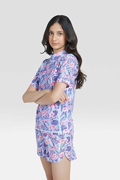 Coega Sunwear Girls Youth Rashguard Short Sleeve - Navy Pink Tropical