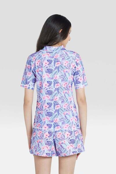 Coega Sunwear Girls Youth Rashguard Short Sleeve - Navy Pink Tropical