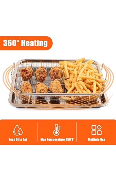 ABAREEK Stainless steel air fryer basket and tray for oven, 8 x 24.5 cm x 32.5 cm rectangular, silver