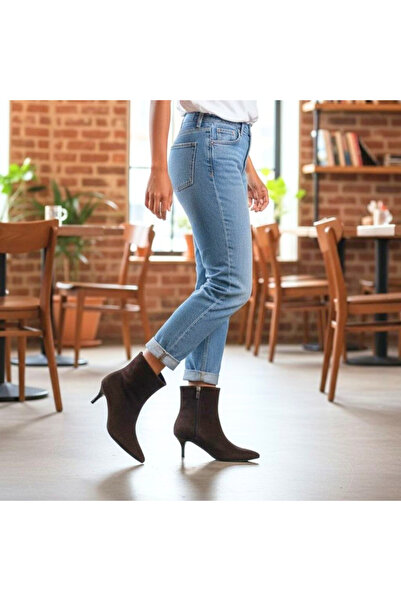 NE&VE SHOES Kahve Süet Sivri Burun Kadın Klasik Bot