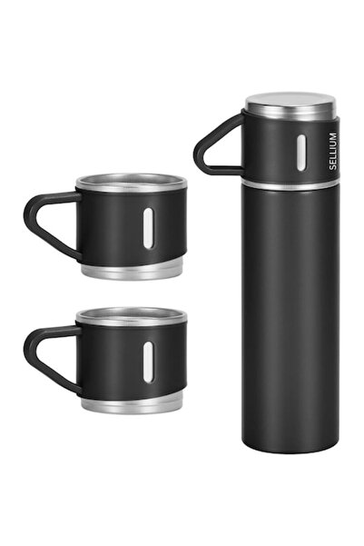 SELLIUM 500 ml Thermos Set with 2 Cups, Leak-proof Stainless Steel, Insulated, Black