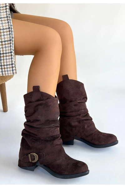 ZENGEZUR MALL Lvsqvr Canty Brown Suede Gusseted Heeled Boots (113453) (Size: 38)