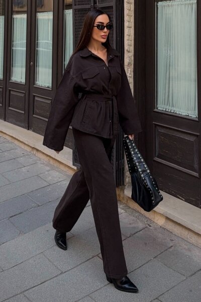 VAGGON Women's Bitter Brown Tie-Up Shirt and Palazzo Pants Denim Suit with 5 Pockets Vs01637