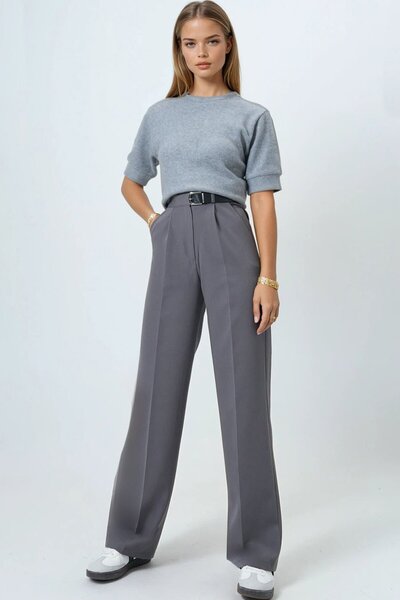VAGGON Women's Gray Belted Button Closure Double Pocket Palazzo Pants Vs01458