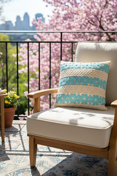 homytextiles Scalloped Daisy Pattern, Crochet Knit Square Patterned Bohemian, Modern Throw Pillow Cover, Turquoise