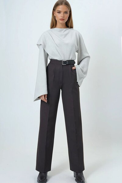 VAGGON Women's Brown Belted Button Closure Double Pocket Palazzo Pants Vs01458