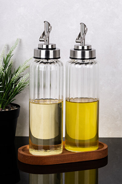Dolkin Home 2-Piece Line Model Glass Oil Bottle Set with Wooden Stand, Lockab...