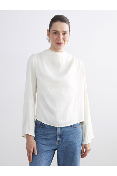 LC Waikiki Classic Ecru Mock Neck Oversized Gathered Blouse