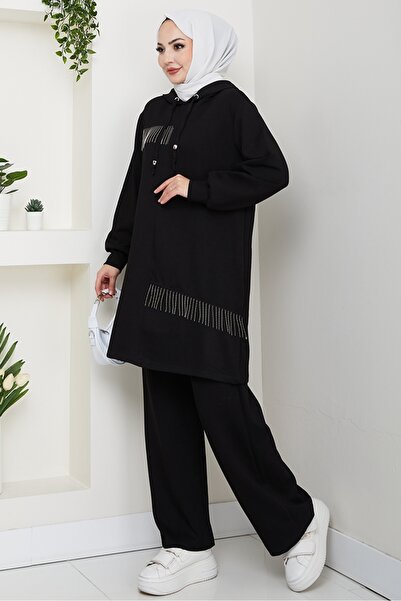 Bestenur Chain Detail Double Suit 1660 - Black