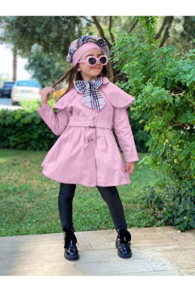 jood kids Pembe renk düğmeli kemerli gabardin tranşkot