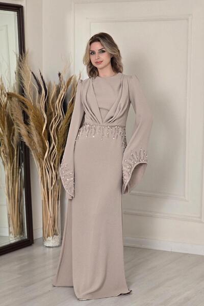Yonca Moda Evi TAŞ RENGİ İspanyol Kol Tasarım Abiye 5338