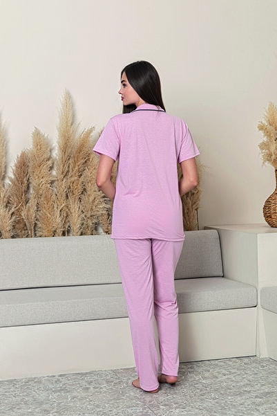 FORMO Women's 100% Cotton Piping High Quality Shirt Collar Button Short Sleeve Battal Pajama Set