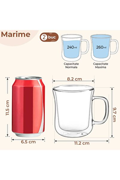 Elindor Set of 2 Double Walled Mugs for Tea and Coffee, Heat Resistant, Suitable, 220 ml, Transparent