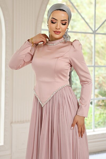 Olcay Stone Detailed Skirt Pleated Satin and Yoryo Silk Hijab Evening Dress Pudra 1046