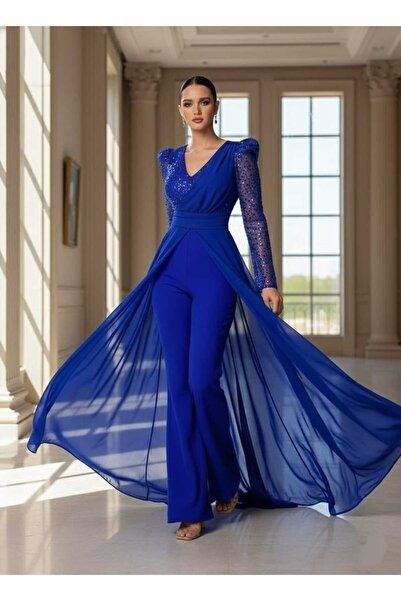 JustFab Royal Blue Sequin Sleeve Evening Jumpsuit with Chiffon Overlay – Women’s Elegant Evening Wear