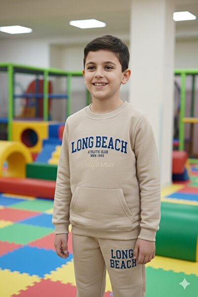 nazarbebe Long Beach Printed Children's Tracksuit Set 5-8 Years – 2 Threads, Comfortable Fit (Beige)