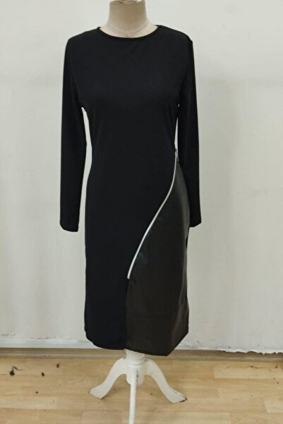 Mossta Long Sleeve Side Zipper Leather Detailed Midi Imported Crepe Dress - Black