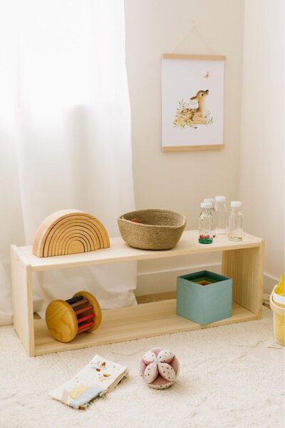 SERAHŞAP Montessori çocuk odası Açık Raf Ünitesi Doğal Ahşap Oyuncak ve Kitap...