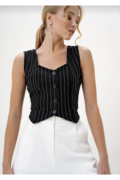 ZENGEZUR MALL Lvsqvr Striped Crepe Buttoned Vest Black S3395 (120445) (Size: S)