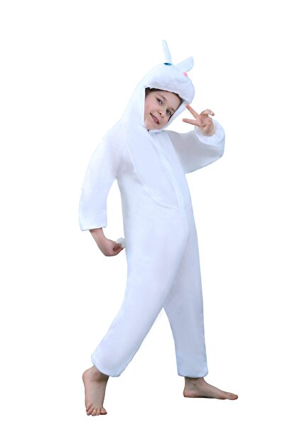 Toybox Kids White Rabbit Costume Jumpsuit with Hood, Animal Fancy Dress, Party Outfit, Size M(4-5 Years)