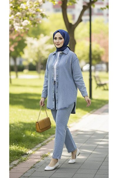 Hb Harma Time Butik Women's Denim Jacket Pants Two-Piece Denim Blue Set