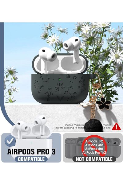 Yelajoy AirPods Pro 3 Case,Cute with Cherry Blossom Keychain&Cleaning Kit,Silicone Shockproof,Dark Gray