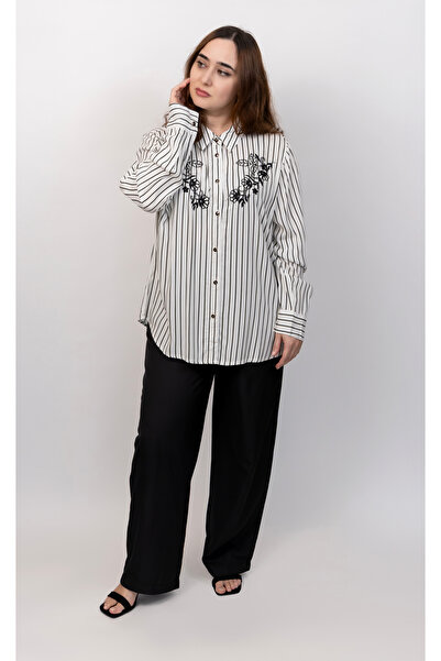 LINELLE Ladies Co-Ord Set – Soft Crepe Black and White Stripe Shirt with Floral Embroidery and Solid Pant