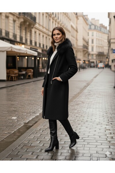 Sacrosa Kadın Kürklü Kaşe Kışlık Siyah Kaban