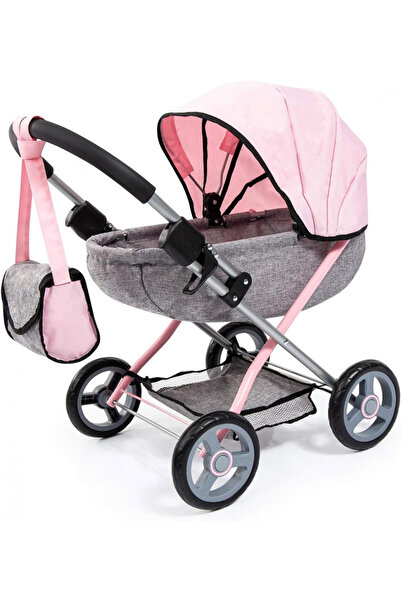 Bayer Carucior pliabil pentru papusi Anna Cosy Denim Grey/Pink cu paturica,pernuta si gentuta de umar incl