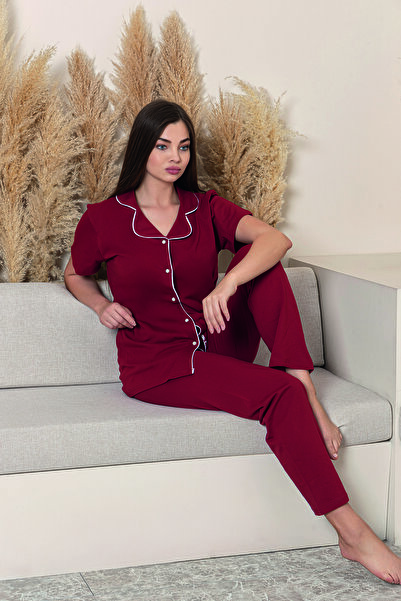 FORMO Women's 100% Cotton Piping High Quality Shirt Collar Button Short Sleeve Battal Pajama Set