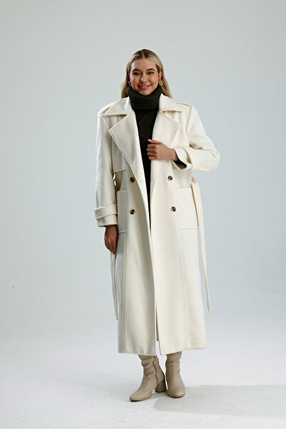 GACA COLLECTION DİSERE Belden Bağlamalı Kadın Uzun Ekru Astarlı Kaban