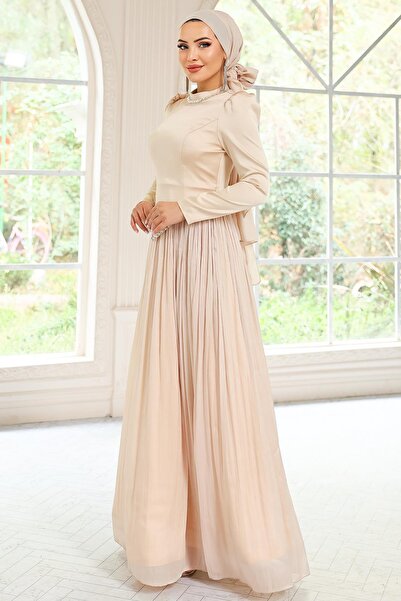 Olcay Steindetaillierter Rock, plissiertes Abendkleid aus Satin und Yoryo-Seide, CREAM 1046