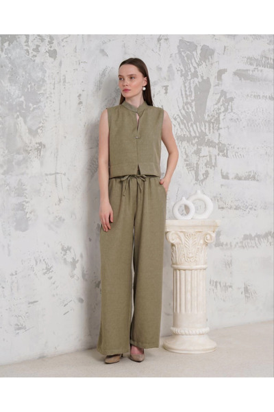 ZENGEZUR MALL Lvsqvr Brooched Vest Pants Suit Khaki S255821 (115327) (Size: m)