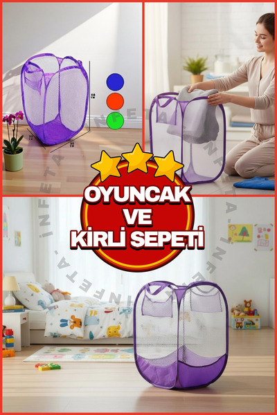 İnfeta Katlanır Çamaşır Sepeti Kirli Çamaşır Sepeti Oyuncak Filesi 30 x 30 Renkli