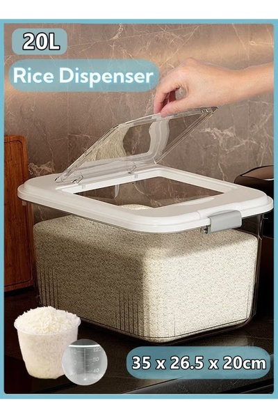 Generic 20L Rice Storage Container Rice Bucket Dispenser with Measuring Cup (35×26.5×20cm) White
