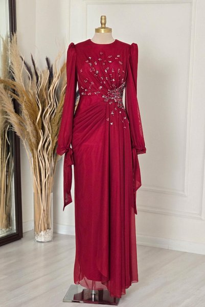 Yonca Moda Evi Bordo Tüllü Balık Abiye 5349