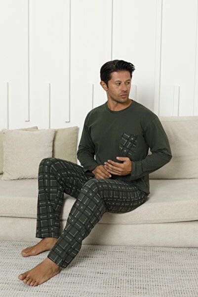 Line Smart Men's 100% Organic Natural Cotton Plaid High Quality Long Sleeve Pajama Set with Pocket Detail
