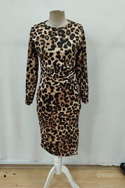 Mossta Φόρεμα με μακρύ μανίκι με λαιμόκοψη μίντι μήκους άνοιγμα Modal - Leopard