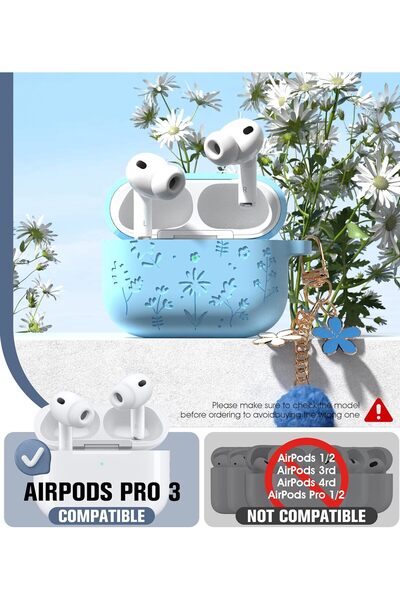 Yelajoy AirPods Pro 3 Case,Cute with Cherry Blossom Keychain&Cleaning Kit,Silicone Shockproof,Light Blue