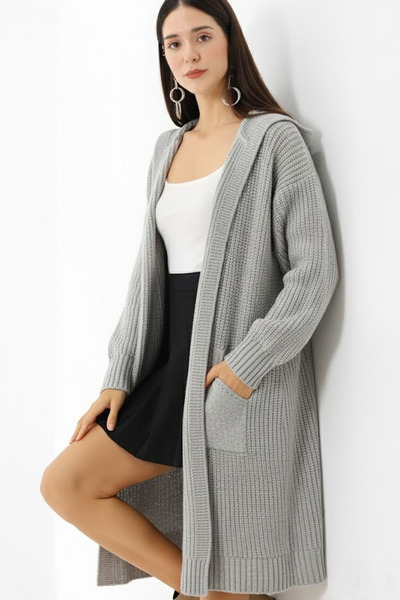 Marvine Women's Gray Oversized Pocket Hooded Knitwear Cardigan
